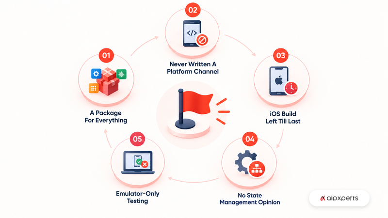 Hire Flutter Developers: The Risks Worth Screening For 3 Five red flags when hiring Flutter developers, shown as a numbered circular diagram