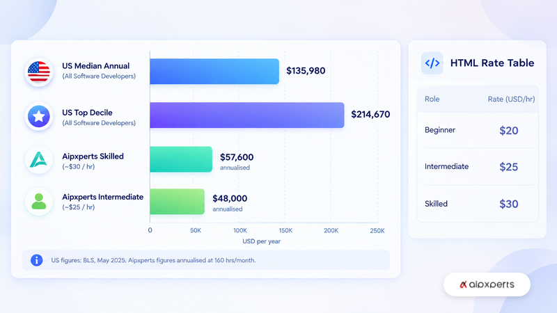 Bar chart comparing US software developer salaries with Aipxperts annualised mobile app developer rates