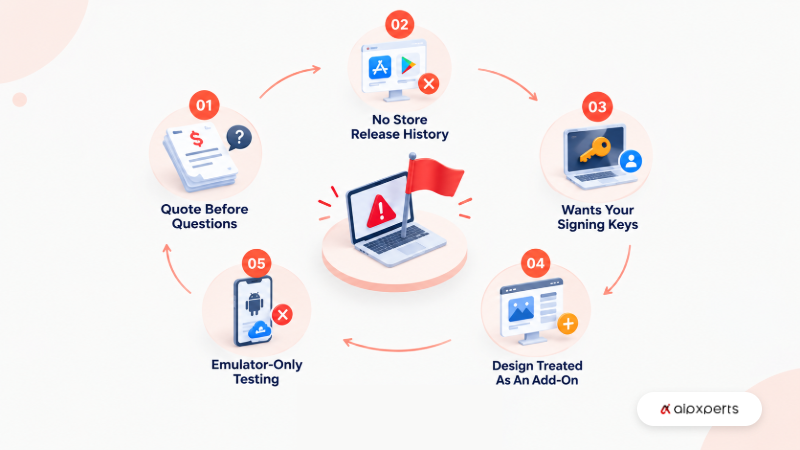 Five red flags when hiring mobile app developers, shown as a numbered circular diagram