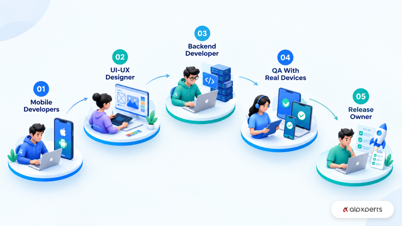 Five roles a mobile app team needs beyond developers: design, backend, QA and release ownership