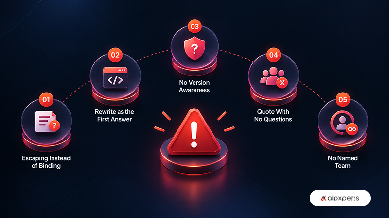 Five red flags when hiring PHP developers, shown as a numbered circular diagram