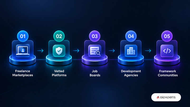 Five channels for finding PHP developers: freelance marketplaces, vetted platforms, job boards, agencies and framework communities