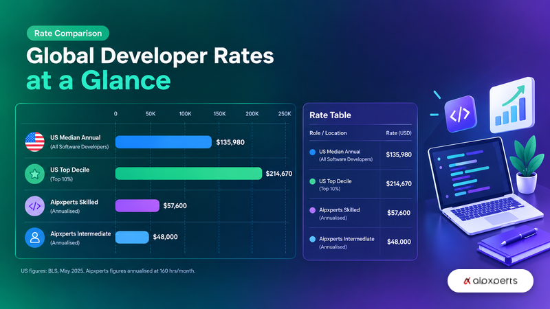 Bar chart comparing US software developer salaries with Aipxperts annualised Android developer rates