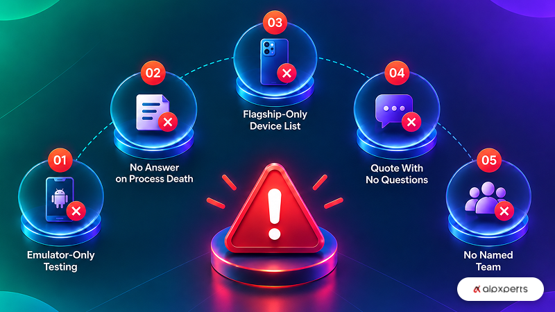 Five red flags when hiring Android developers, shown as a numbered circular diagram